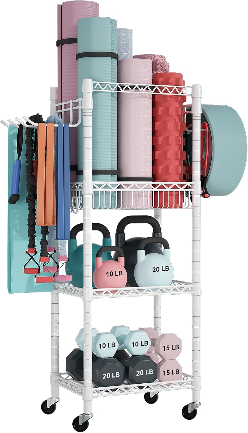 3-Tier Rolling Home Gym Equipment Storage Rack
