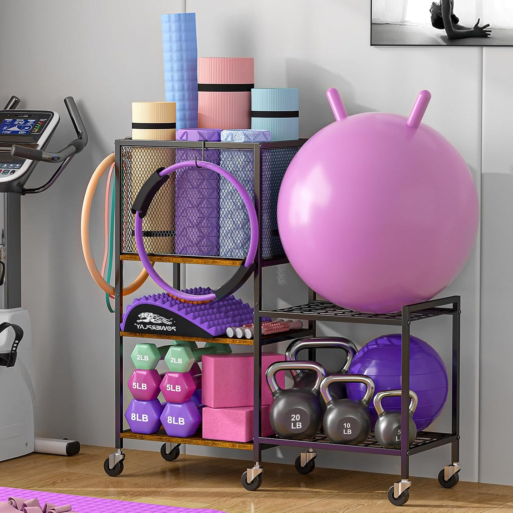 Wheeled Gym Storage Rack with Hooks