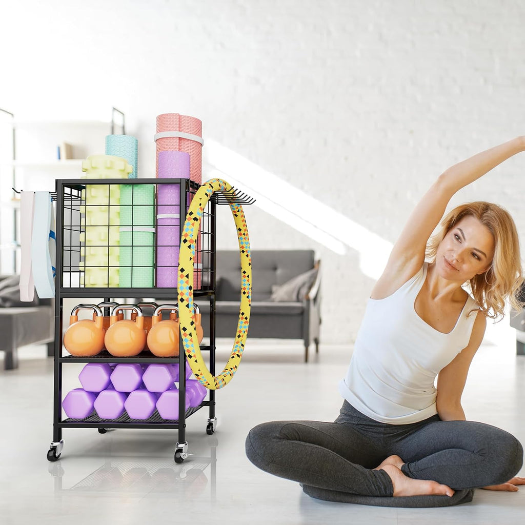 Wheeled Dumbbell Rack with Hooks