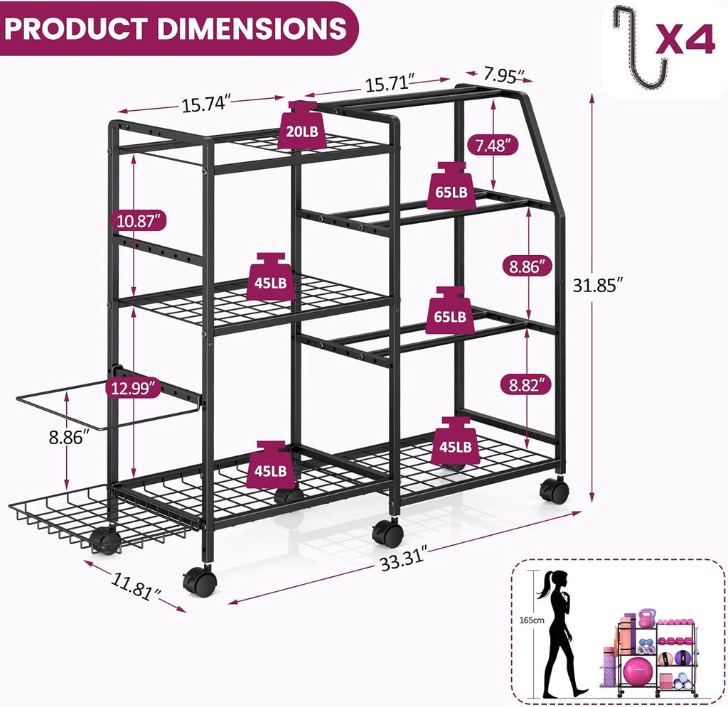 Wheeled Weight Rack with Storage Hooks