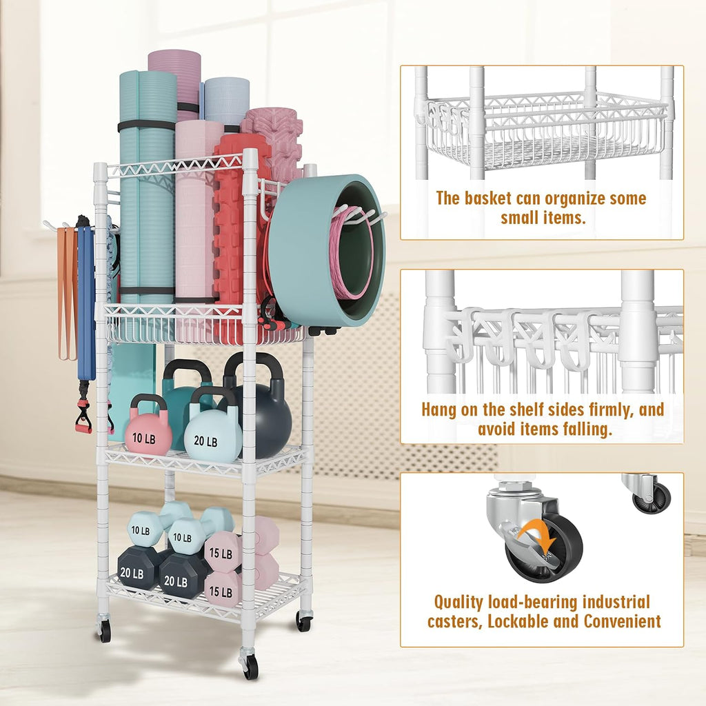 3-Tier Rolling Home Gym Equipment Storage Rack