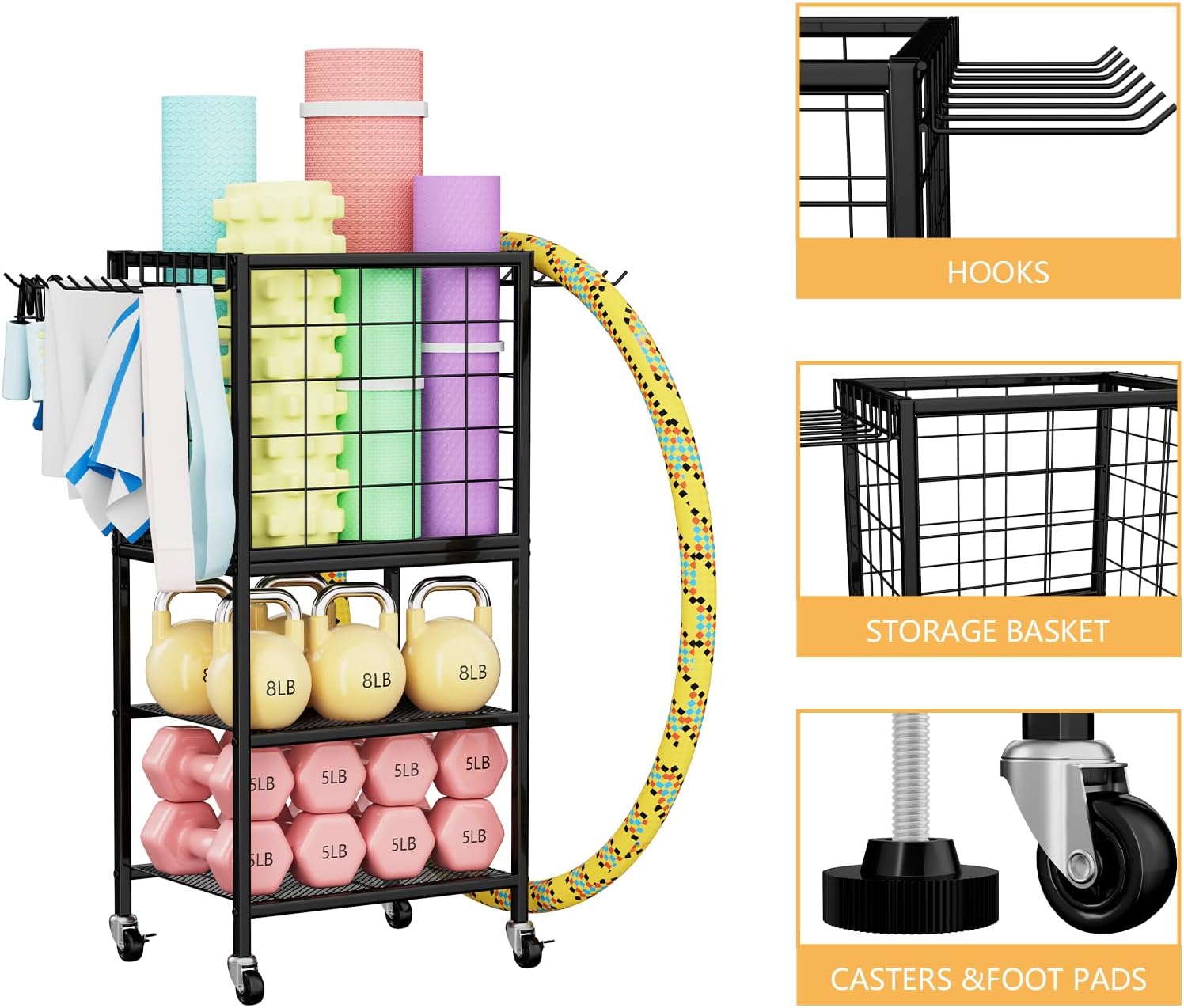 Wheeled Dumbbell Rack with Hooks