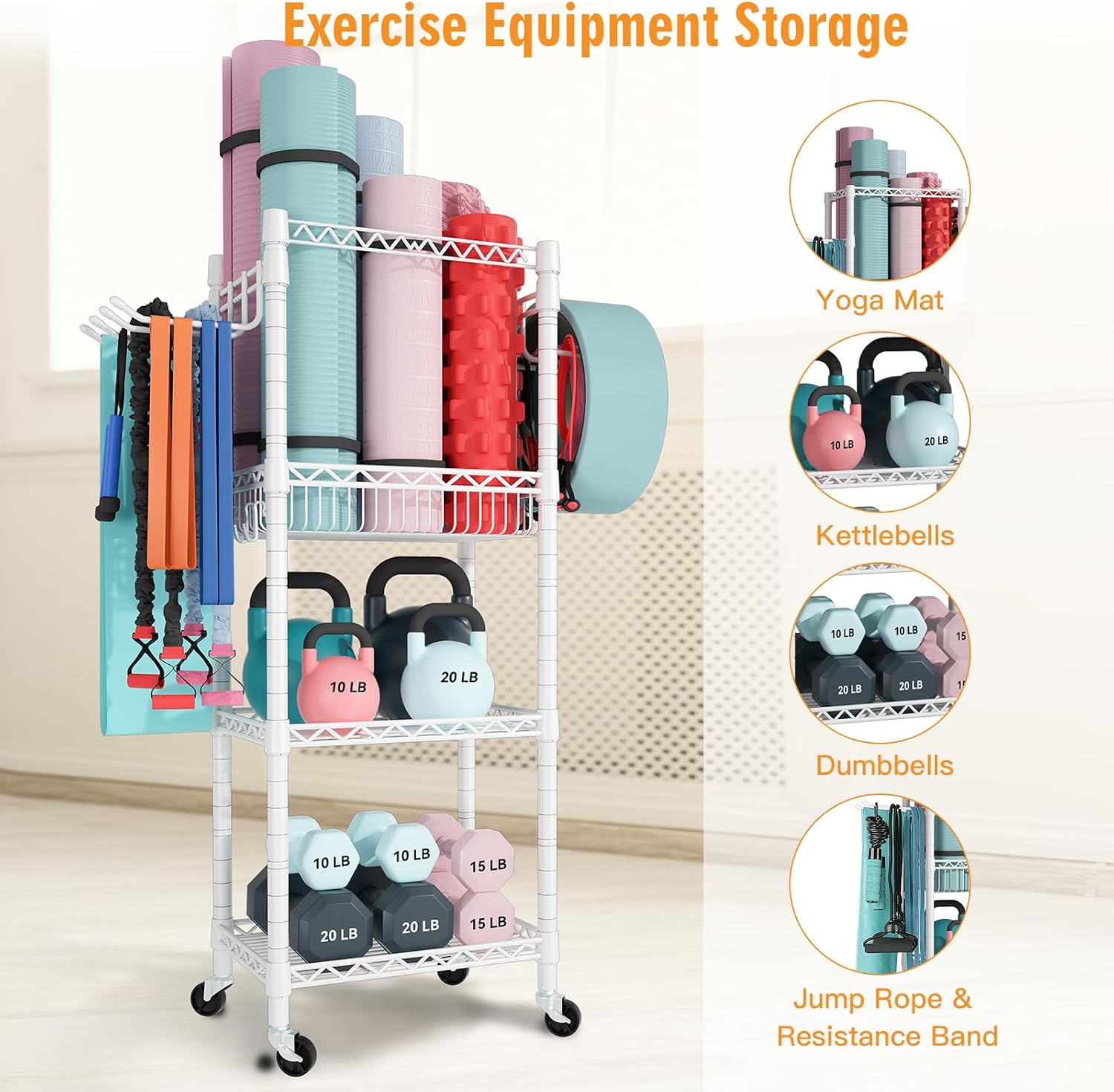 3-Tier Rolling Home Gym Equipment Storage Rack