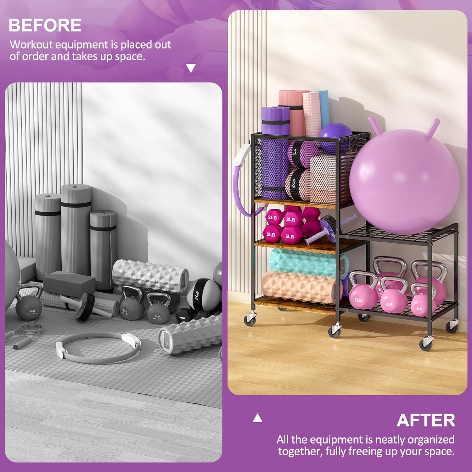 Wheeled Gym Storage Rack with Hooks
