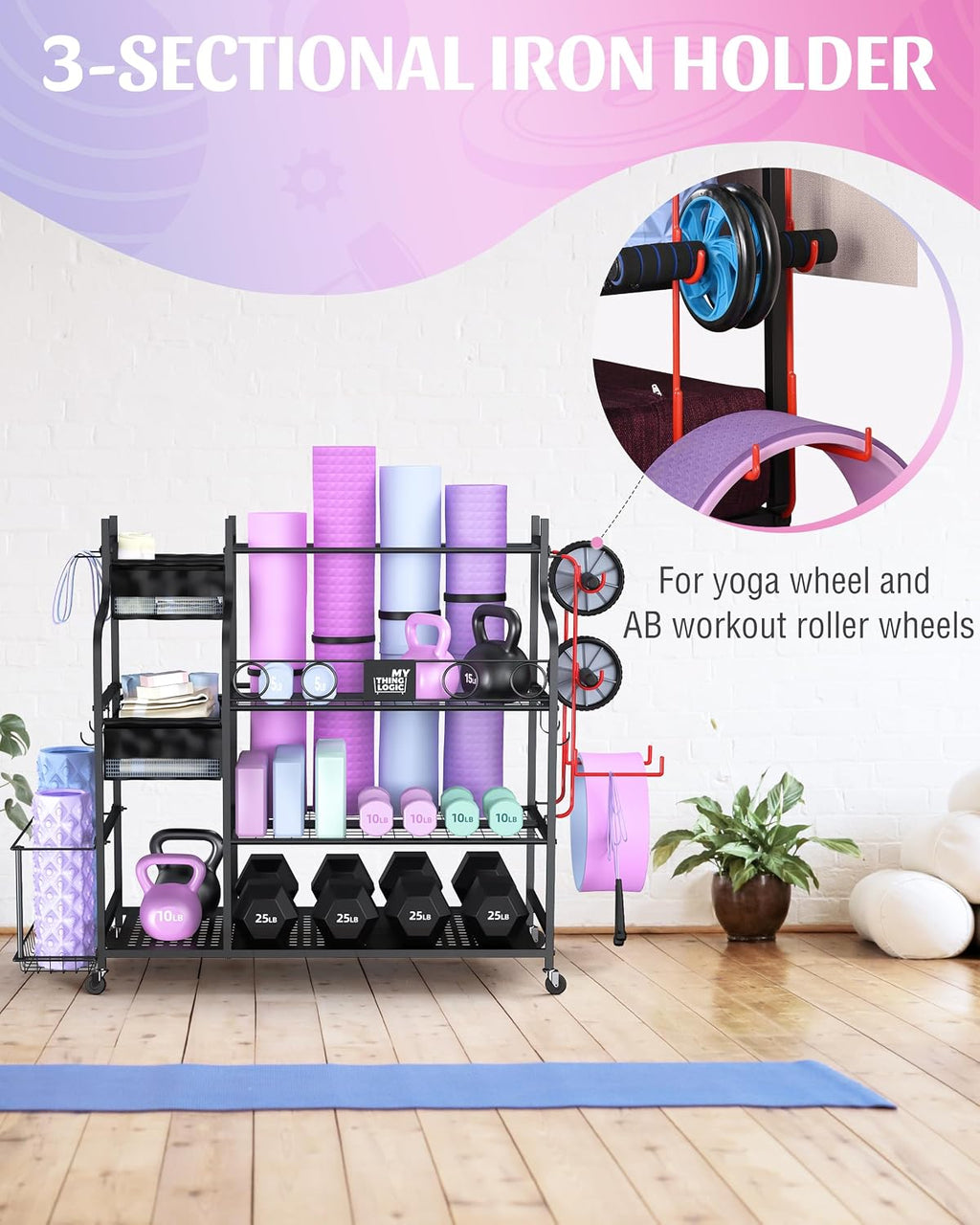 Rolling Dumbbell Storage Rack with Hooks