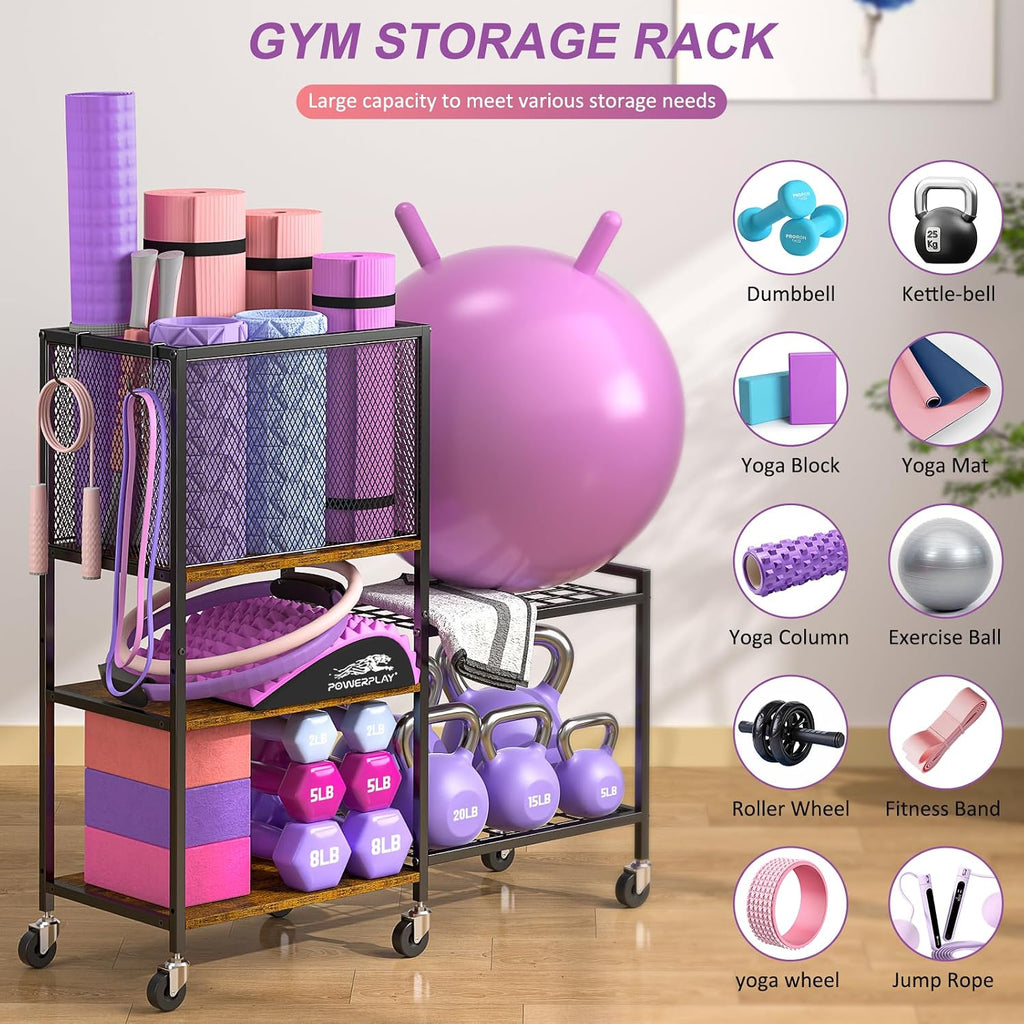 Wheeled Gym Storage Rack with Hooks