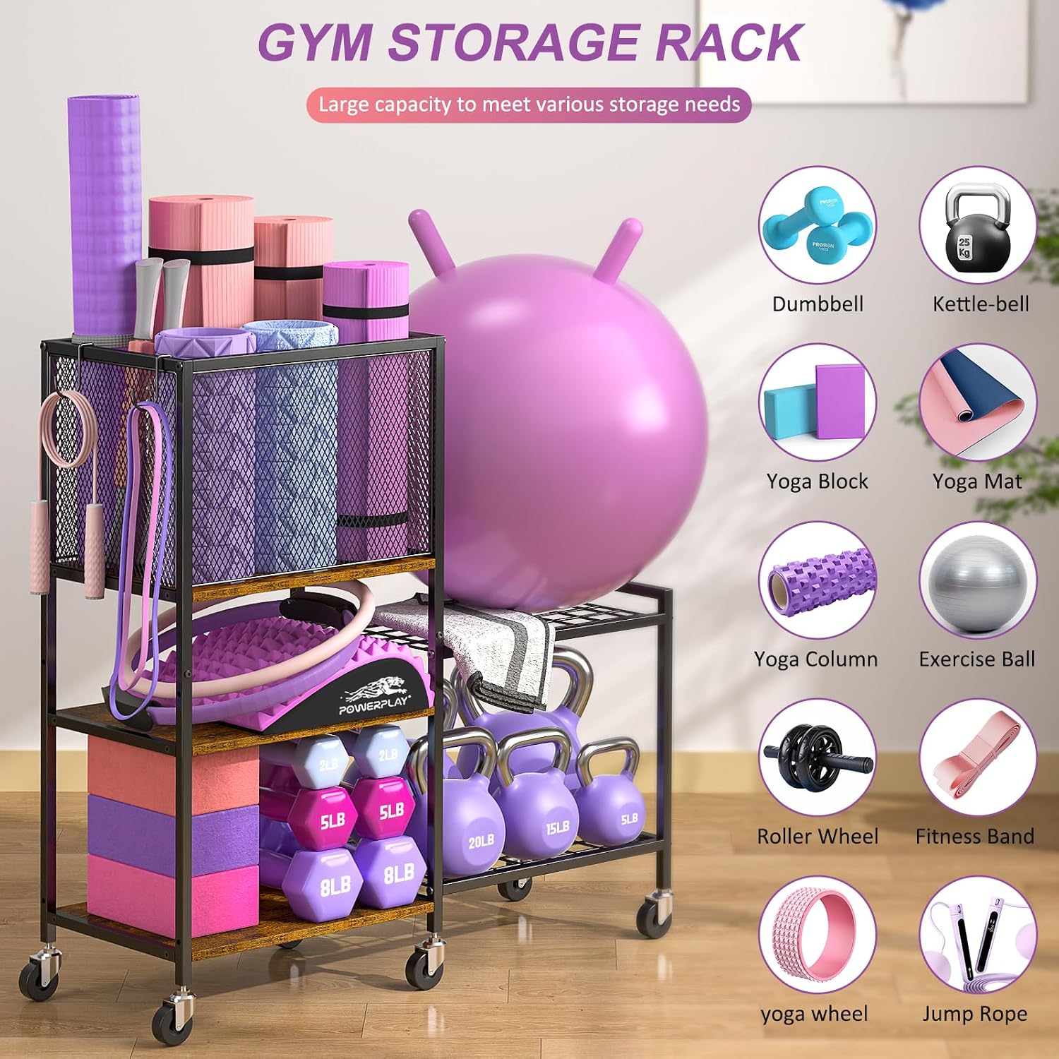 Wheeled Gym Storage Rack with Hooks