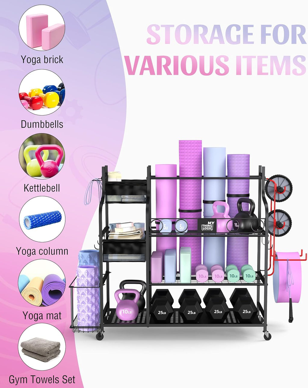 Rolling Dumbbell Storage Rack with Hooks