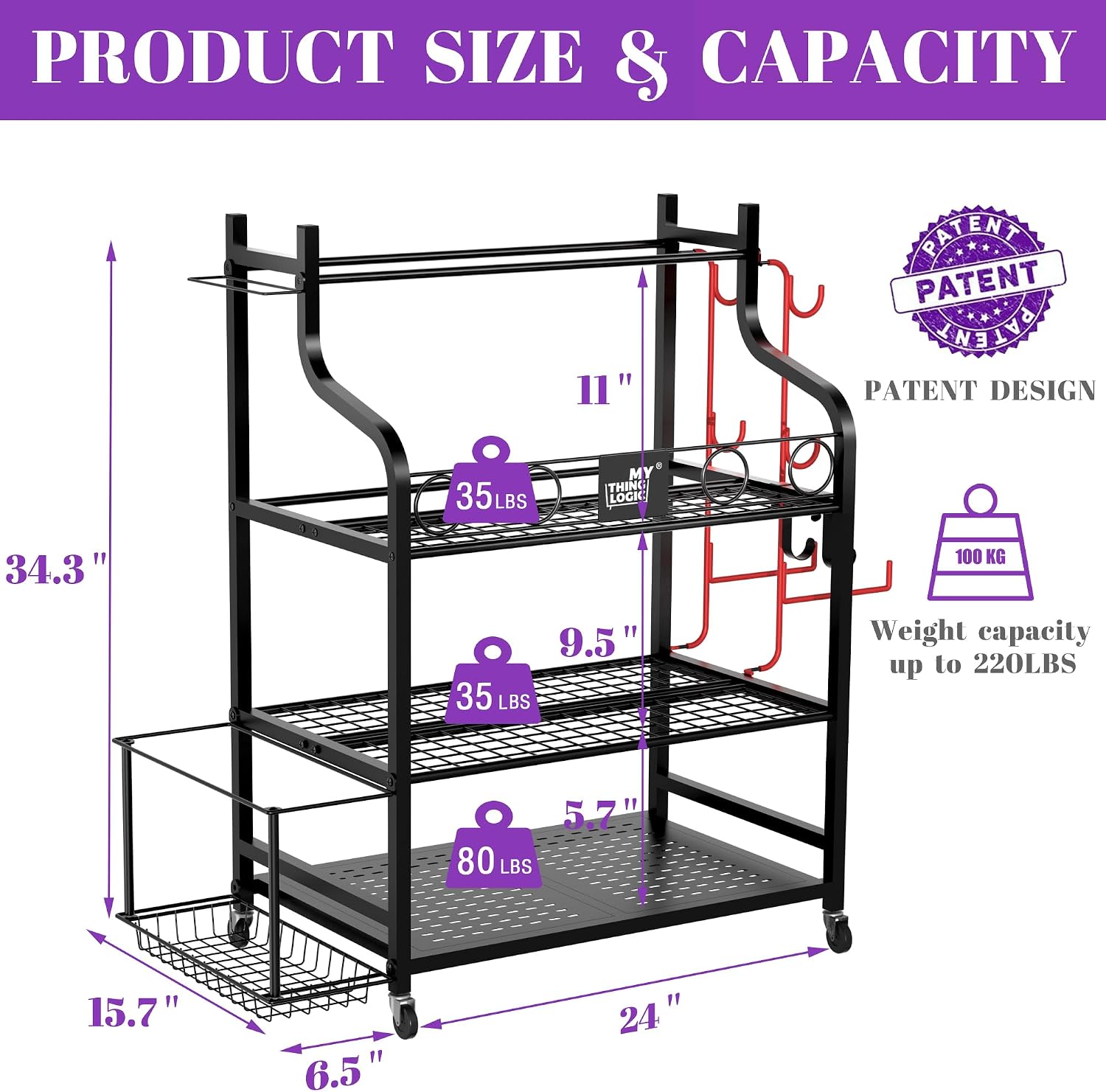 Wheeled Gym Organizer with Hooks