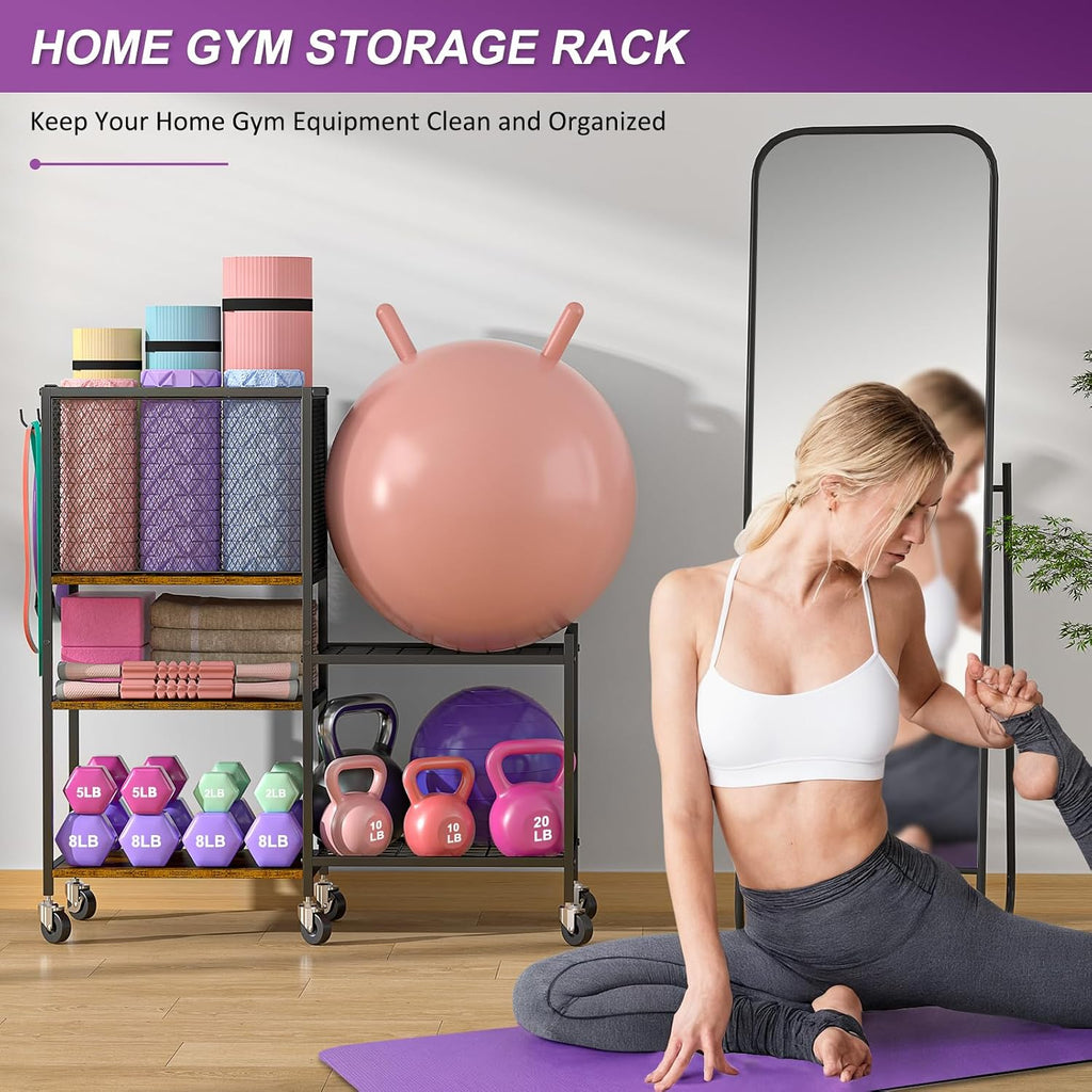 Wheeled Gym Storage Rack with Hooks