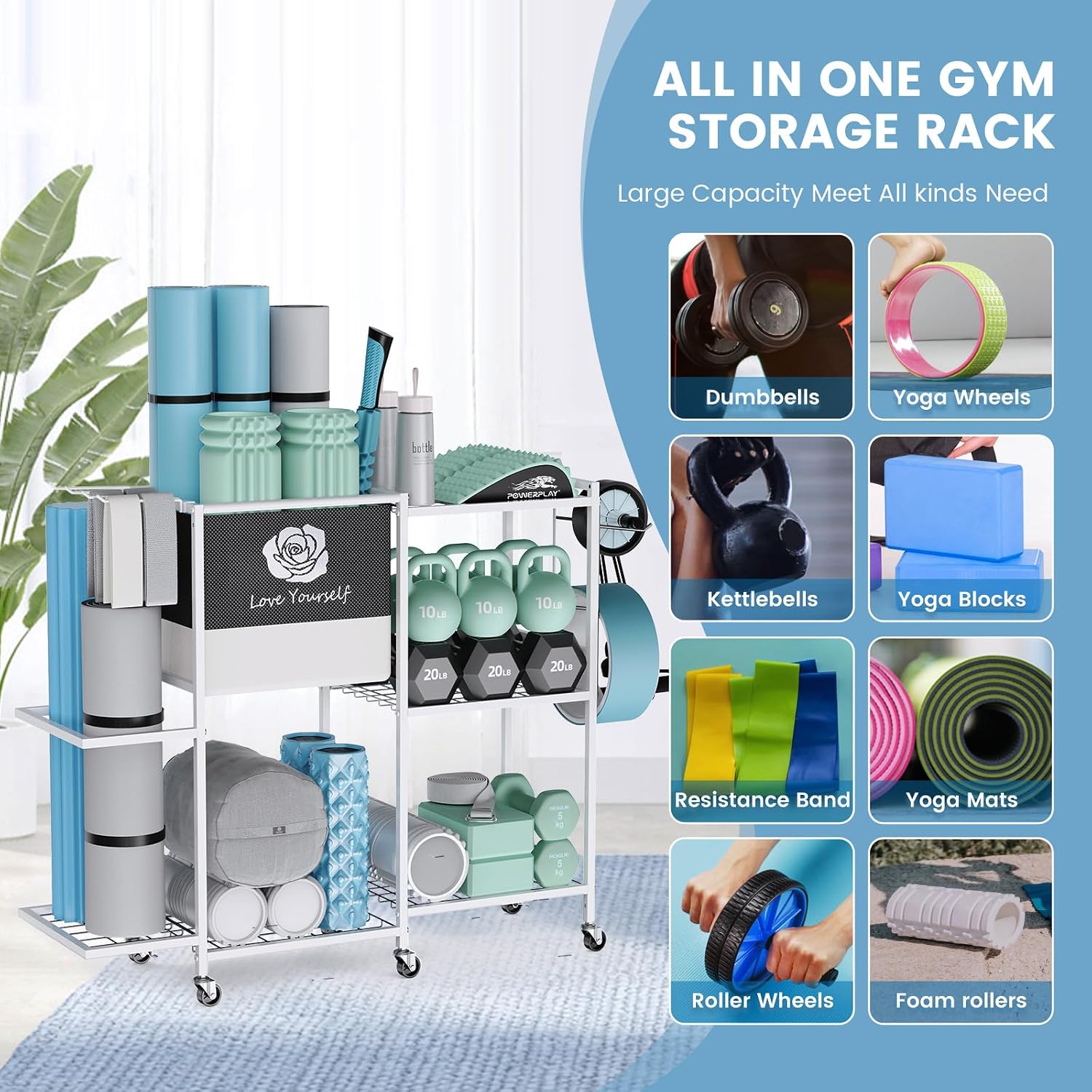 Wheeled Gym Storage Rack for Yoga Gear
