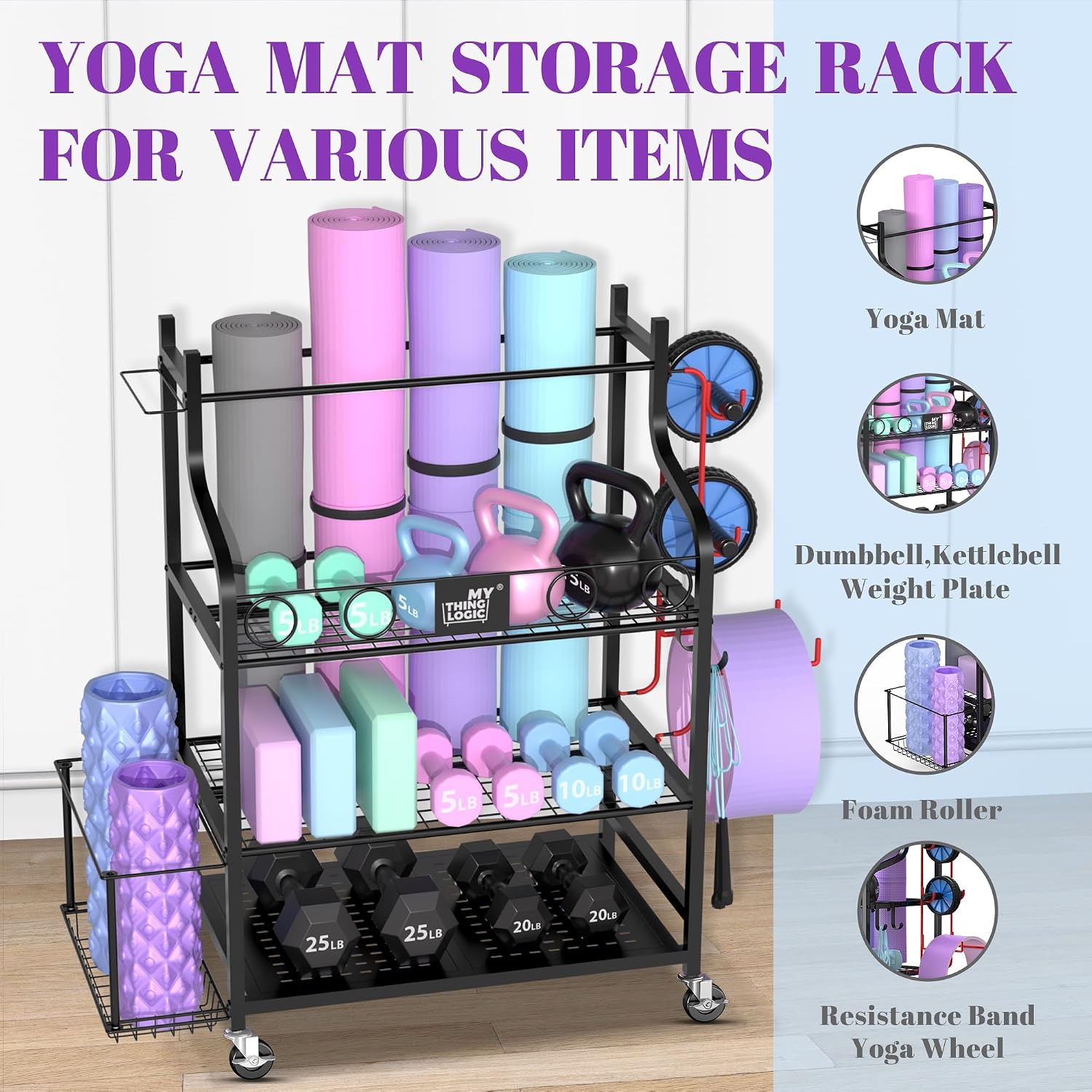 Wheeled Gym Organizer with Hooks